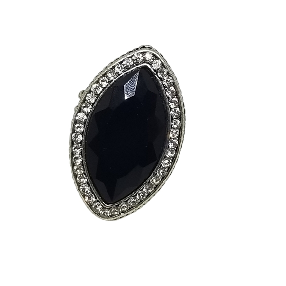 LARGE BLACK GLASS STONE & WHITE RHINESTONE SILVERTONE STRETCH COCKTAIL RING - Picture 3 of 5